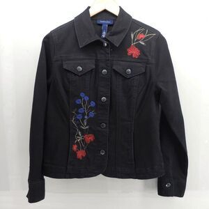 Charter Club Boho Western Flower Denim Crop Button Up Jacket Coat Small Black
